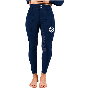 Pantalon d'équitation pour femme bleu ardoise, taille haute, compression, avec grip en silicone et assise intégrale, pour l'équitation et le sport - Product Image 1