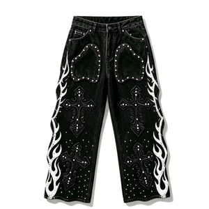 Ensemble 2 pièces unisexe personnalisé : veste en jean noire courte et jean, imprimé étoiles et flammes cloutées, style streetwear, tenues assorties, fournisseur en gros - Product Image 3