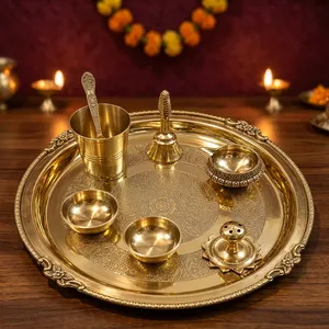Juego de Thali de Metal Premium para Pooja con Grabado Floral Intrincado, Bandeja Redonda Decorativa para Puja con Campana Diya, Porta Incienso y Cuencos - Product Image 4