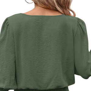 Womens Solid Polyester Long Sleeve Blouse Neck Smocked Waist Cuffs Elegant Loose Fit Casual Office Wear Fashion <b>Top</b> Daily - Product Image 4