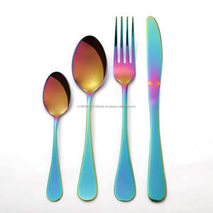 Juego de cubiertos/cubiertos de acero inoxidable con estrella azul PVD arcoíris, estilo moderno, grado 202/304, cuchara brillante, tenedor y cuchillo, cuchara para bebé - Product Image 1