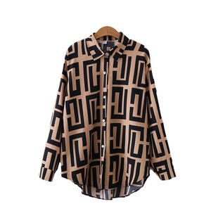 Chemise décontractée pour femme de style européen et américain, à revers ample, manches longues, imprimé floral, en polyester tissé, boutonnée, nouvelle collection - Product Image 1