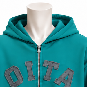 Teal Mens <b>Zip</b> Up <b>Hoodie</b> Chenille Letter Patch Heavyweight Fleece Oversized Casual Streetwear Sweatshirt with Kangaroo <b>Pockets</b> - Product Image 3