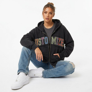 Sudadera con capucha y cremallera personalizada con pedrería para hombre, oversize, negra, de felpa francesa, con diseño de letras frontales, para otoño - Product Image 5