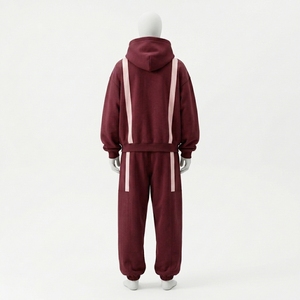 Unisex Maroon Hooded Tracksuit <b>Set</b> 100% Cotton Full Zipper Loose Fit Solid Color Casual Wear Autumn Style - Product Image 2