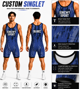 SINEWY SPORT Singlet de lutte professionnel personnalisé pour homme, coupe ajustée, imprimé numérique, débardeur bleu respirant, extensible, séchage rapide - Product Image 1