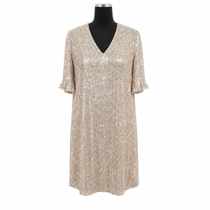 Womens <b>Silver</b> Sequin Shift Midi <b>Dress</b> V Neck Half Sleeve Sparkly Evening Party Cocktail Wedding Formal Loose Fit Shimmer Elegant - Product Image 1