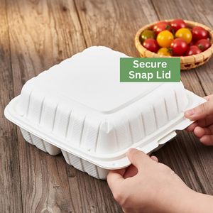 Contenedores de comida para llevar tipo clamshell 8x8, desechables, de bagazo, ecológicos, biodegradables, impermeables, con tapas abatibles, libres de BPA - Product Image 5