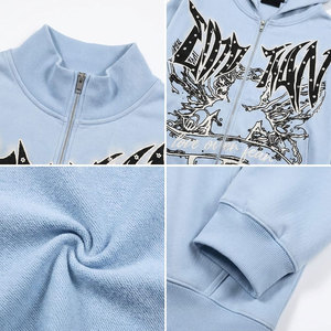 Sudadera con capucha para hombre, azul claro, con cremallera, corte holgado, estampado gráfico frontal, algodón French Terry, informal, para otoño, con capucha y manga regular - Product Image 6