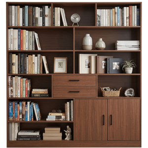 Premium Teak <b>Wood</b> Executive <b>Bookcase</b> with Center Drawers and Double Doors - Product Image 1