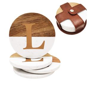 Wood Marble Coasters with Leather Holder White Stone with Gold Initials for Home Office - Product Image 4