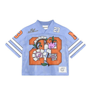 เสื้อเจอร์ซีย์ปักลายดอกไม้สีฟ้าอ่อนสำหรับผู้ชาย เบอร์ 23 แขนสั้นทรงโอเวอร์ไซส์ ครอปท็อป สไตล์สตรีท คอวี ผ้าตาข่าย - Product Image 1