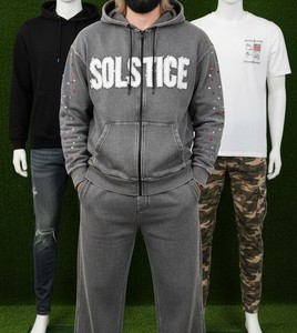 Solstice Gray Hoodie <b>Pants</b> Set Full Length <b>Sequined</b> Embroidered Casual Unisex Fleece 2 Piece Outfit All Seasons 100% Cotton - Product Image 1
