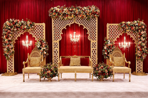 Paneles de Mandap para Boda con Corte Láser Estilo Mughal Real, Fondo Blanco de Lujo con Corte Láser, Decoración para Escenario de Boda con Conjunto de Sofás de Diseño, Reino Unido - Product Image 3