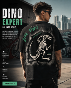 T-shirt Dino Expert pour homme, coupe oversize, imprimé squelette de dinosaure vintage, noir, 100% coton, coupe classique sur le devant - Product Image 2