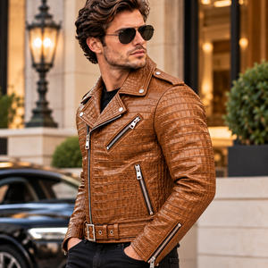 Blouson de motard en cuir marron gaufré crocodile pour homme – Blouson moto tendance avec ceinture, plusieurs poches zippées et ajustable - Product Image 4