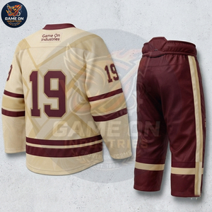 Team Sportswear Sublimation Design Breathable Performance Fabric Personalized Comfortable Maroon Cream Ice Hockey Uniform Sets - Product Image 6