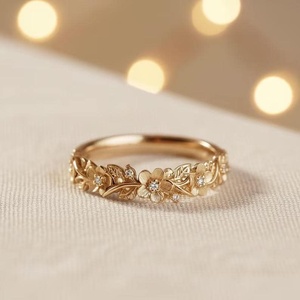 Bague demi-éternité unique en or massif 10K avec diamants de laboratoire style floral, cadeau de fiançailles pour mariage - Product Image 2