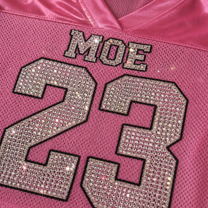 Luxury Cropped Mesh Pink Boxy Fit American Football Jersey Customized Sparkly <b>Rhinestone</b> Women V-Neck <b>Top</b> Trendy Bling Varsity - Product Image 2