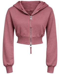 Sudadera con capucha corta para mujer, color rosa empolvado, con cremallera, corte ajustado, manga larga, estilo casual urbano, forro polar, logotipo personalizado, ODM - Product Image 1