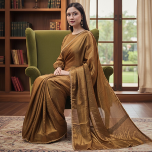 Sari de seda dorada pre-cosido, listo para usar en un minuto, con blusa cosida. | Vestidos Elegantes para Fiestas y Bodas para Mujer - Product Image 3