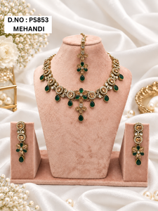 Pear Cut Stone Floral Pattern Necklace <b>Set</b> With Matching Earrings & Mang Tika Antique <b>Gold</b> Plated Fashion Jewelry <b>Set</b> Wholesaler - Product Image 4