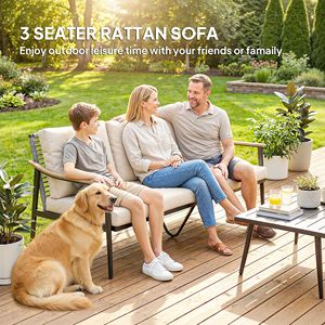 Khaki 3-Seater Outdoor Patio <b>Sofa</b> <b>Waterproof</b> Cushions Wicker Backrest with Wood Effect Armrests for Garden Yard - Product Image 4