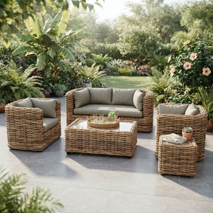 Outdoor <b>Rattan</b> Woven <b>Sofa</b> Set Mahogany Wood Frame Half Cl Natural <b>Rattan</b> Daphnie Cushion Glass Coffee Table Setup Art Design - Product Image 5