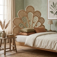 Nouvelle Tête de Lit Moderne Minimaliste en Rotin Motif Fleur de Paon, Cadre de Lit en Bois Écologique Durable Marron, Revêtement Personnalisé en Microfibre