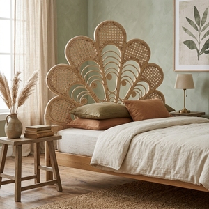 Cabecera de Cama Moderna y Minimalista con Diseño de Flor de Pavo Real, Estructura de Madera Ecológica, Tapizada en Microfibra Marrón, Personalizable - Product Image 4