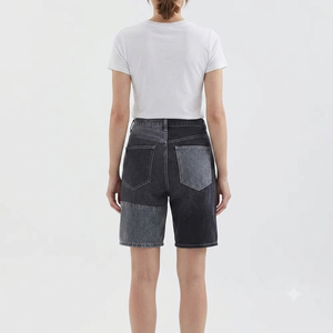 Shorts en jean patchwork pour homme, taille haute, délavé, style décontracté, tissu en coton tissé, style été - Product Image 1