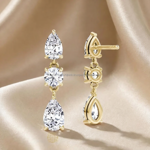 Pear and Round Cut Diamond Drop Earrings in Yellow Gold Sparkling Fine Jewelry Dangle Earrings Wedding Gift for <b>Wife</b> Girlfriend - Product Image 3