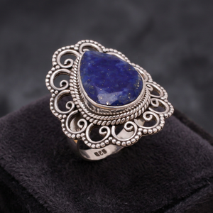Vintage 925 Sterling Silver Cocktail Ring With Lapis Lazuli Bezel Setting Women's Everyday Wear Jewelry - Product Image 2