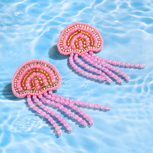 ต่างหูพู่ประดับเปลือกหอยรูปแมงกะพรุนสีชมพูสไตล์ทะเลฤดูร้อน งานฝีมือจาก MD HANDICRAFTS - Product Image 3