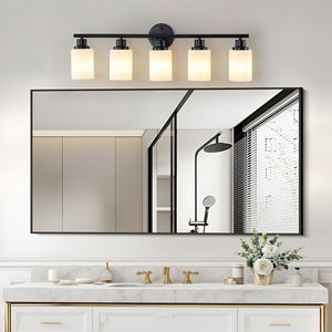 Espejo de Baño Moderno de 5 Luces y 31 Pulgadas con Cristal Esmerilado Blanco y Marco de Hierro Negro, Aplique de Pared Contemporáneo para Dormitorio - Product Image 4