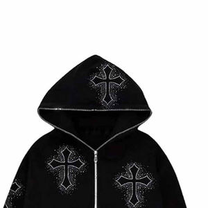 Custom 2026 Men And Women <b>Rhinestone</b> Cross Zip Hoodie Streetwear Graphic Hooded Sweatshirt Casual Full Zip <b>Jacket</b> - Product Image 4