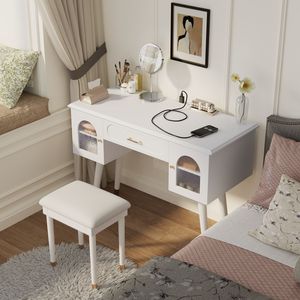 Modern Elegant White <b>Vanity</b> Makeup Table and Chair Set Modern Dressing Table with Organizer Writing <b>Desk</b> Charging Port - Product Image 2