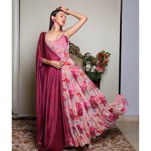 Hermoso traje Anarkali con estampado digital de tamaño XS con parte inferior y Dupatta - Product Image 1