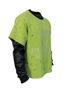 Custom OEM Rhinestone Graphic Lime Green Vintage Distressed Ripped Oversized Layered Leather Sleeve Men T <b>Shirt</b> Heavyweight - Product Image 4
