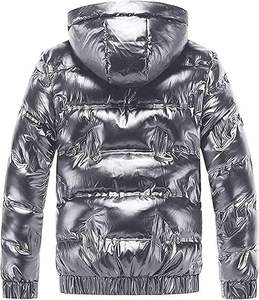 Chaqueta Acolchada con Capucha para Hombre, Plateada Metálica, de Forro Polar, Transpirable, Cortavientos, con Cierre, Ajuste Holgado Informal, 220g - Product Image 3