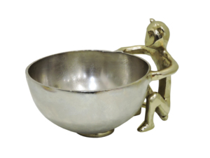 Cuenco de aluminio plateado con soporte de figura de mono dorado – Centro de mesa con diseño de animal y bandeja decorativa para frutas - Product Image 1