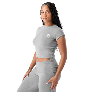 Cloud Tee T-shirt côtelé pour femme, gris chiné, coupe ajustée extensible, haut court pour la gym, l'entraînement, le yoga et les loisirs sportifs - Product Image 3