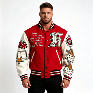 Red White Varsity <b>Jacket</b> <b>Men</b> Embroidered Patch Design Letterman <b>Jacket</b> Vintage Streetwear Style Autumn Wear - Product Image 3