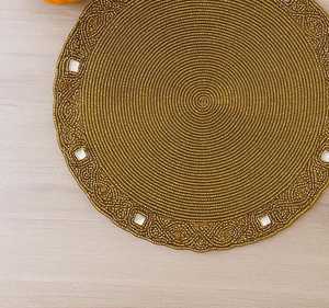 SET 2 Handmade Gold <b>Beaded</b> Floral Embroidery Eco-Friendly Customizable <b>Placemat</b> Mirrors 14 Inch Luxury Charger Table - Product Image 1