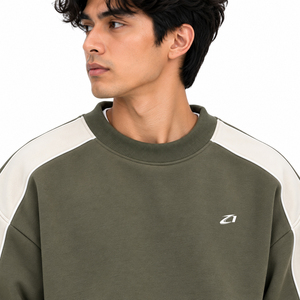 Conjunto de Sudadera y Pantalones Deportivos para Hombre, Verde Oliva, 2 Piezas, Cuello Redondo, Pantalones Anchos con Paneles Beige en Contraste, Corte Holgado, Estilo Urbano, OEM - Product Image 4