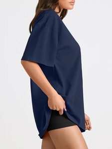 T-shirt ample en jersey 100 % coton bleu marine uni à col rond et manches courtes pour femme – Respirant et décontracté, idéal toutes saisons - Product Image 2