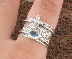 Natural Sky Blue Topaz Bezel Setting <b>Bee</b> Ring 925 Sterling Silver Wedding Animal Jewelry Handcrafted Honeycomb Band Women Party - Product Image 5