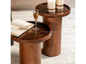 Juego de 2 Mesas Auxiliares Redondas de Madera, Mesas Auxiliares Cilíndricas Modernas de Madera Maciza, Juego de 2 Mesas Auxiliares Minimalistas de Madera, Set 2026 - Product Image 4