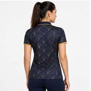 Polo pour femme personnalisé bleu marine et or style Art Déco à bord festonné, séchage rapide, respirant, manches courtes, uniforme d'équipe de golf WPS-0780 - Product Image 4