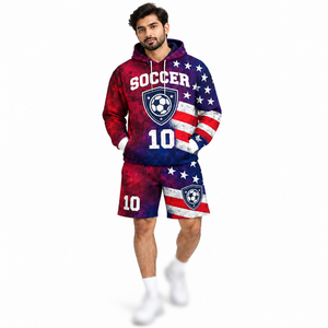 Shorts de survêtement pour homme en coton américain, personnalisables avec logo, impression sérigraphique, ensembles assortis, thème football multicolore, marque privée - Product Image 1